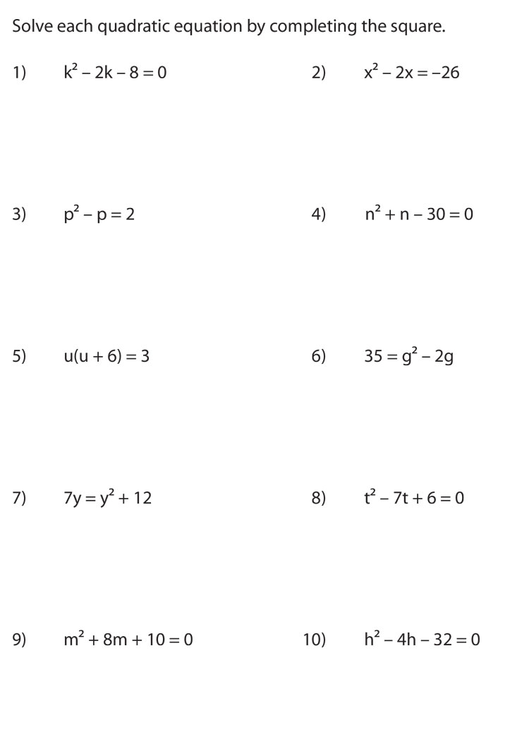 Completing the Square - Formula, How to Solve Equation, Example Steps For Completing The Square Worksheet